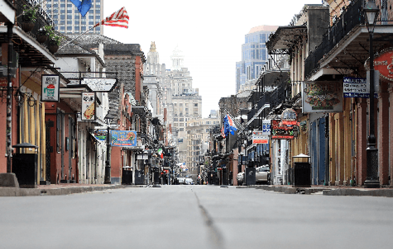 The normally bustling French Quarter in New Orleans is abandoned due to the COVID-19 pandemic.